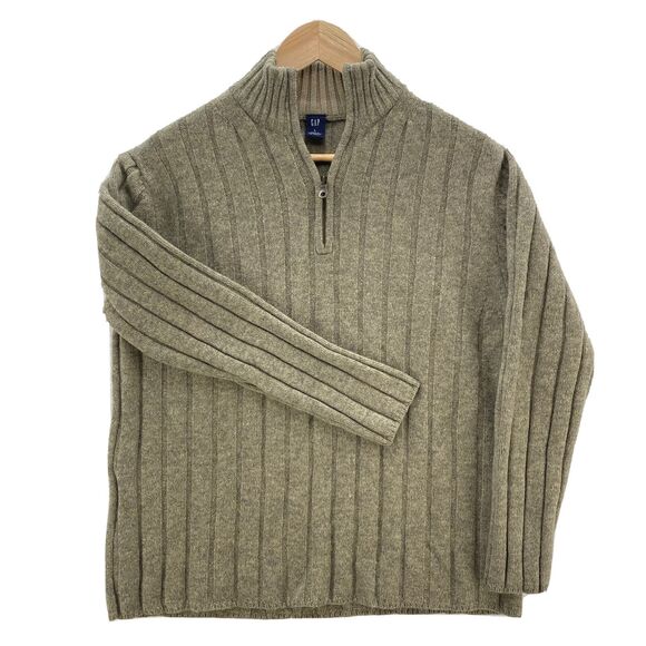 GAP Sweater Men's Large Beige VTG Lambswool Preppy Cable Knit Mock Neck 1/4 Zip - Picture 1 of 16